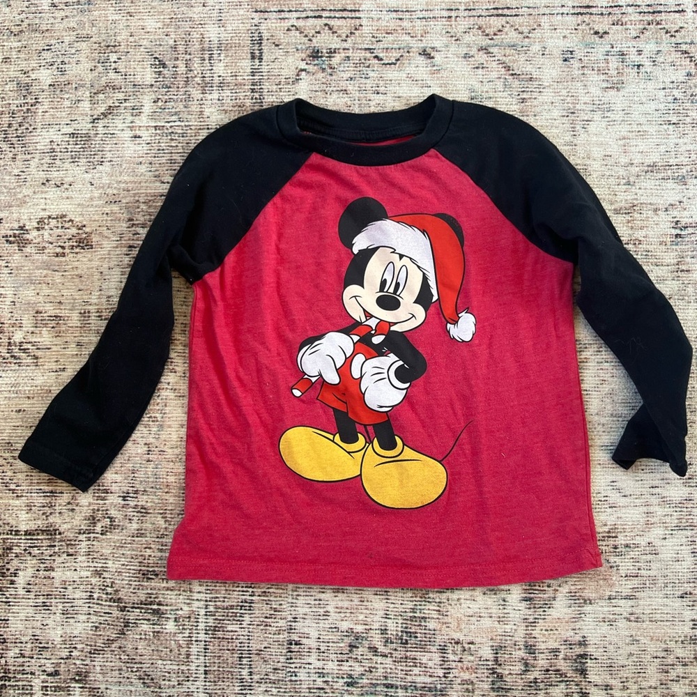 Disney Mickey Mouse Festive Red and Black Long Sleeve Tee - Picture 1 of 3